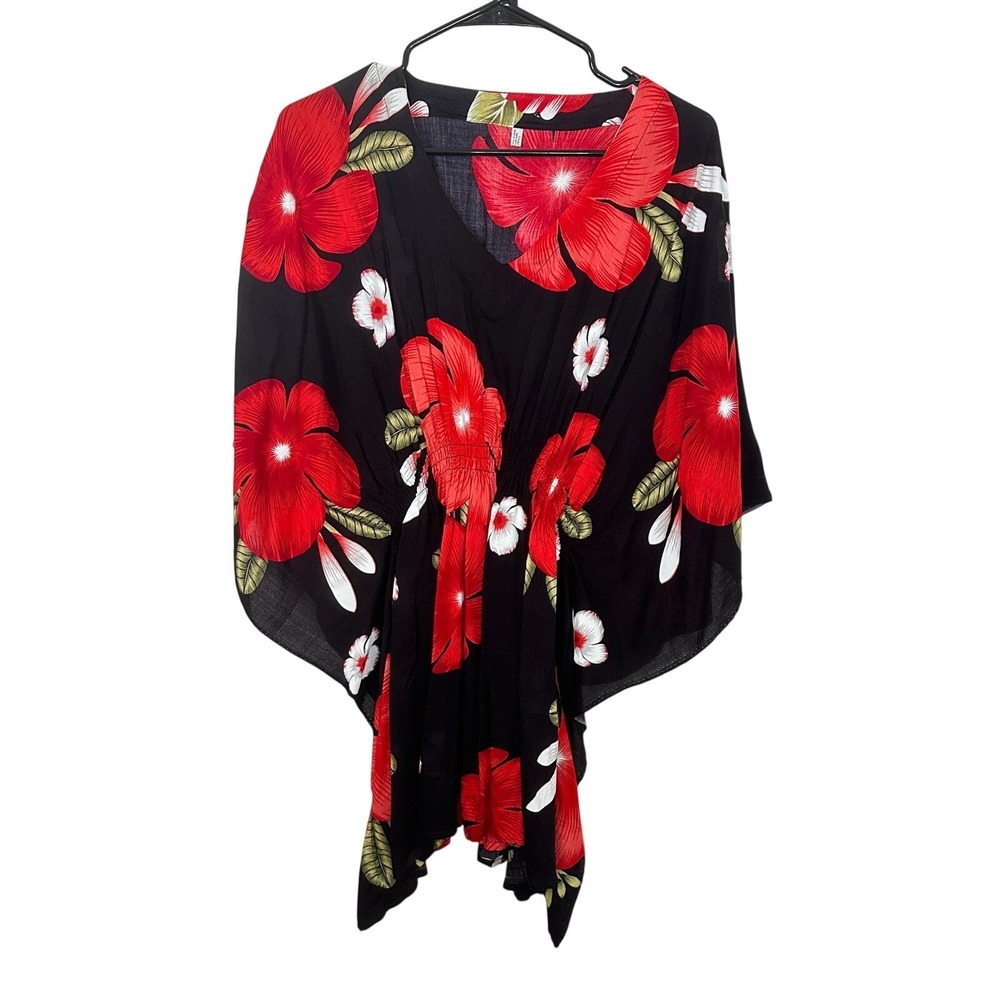 Thai Floral Kaftan Swimsuit Cover Up Black Red Hibiscus Smocked Waist One Size